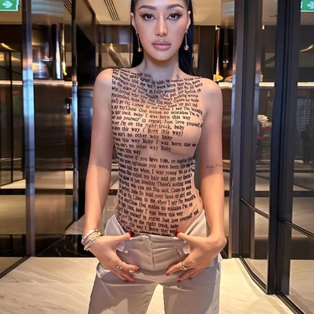 Beige Text-Print Sheer Tank Top